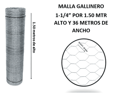 Malla Gallinero Galvanizada 1.50x1-1/4pu 3.5cm X36 Mts Largo
