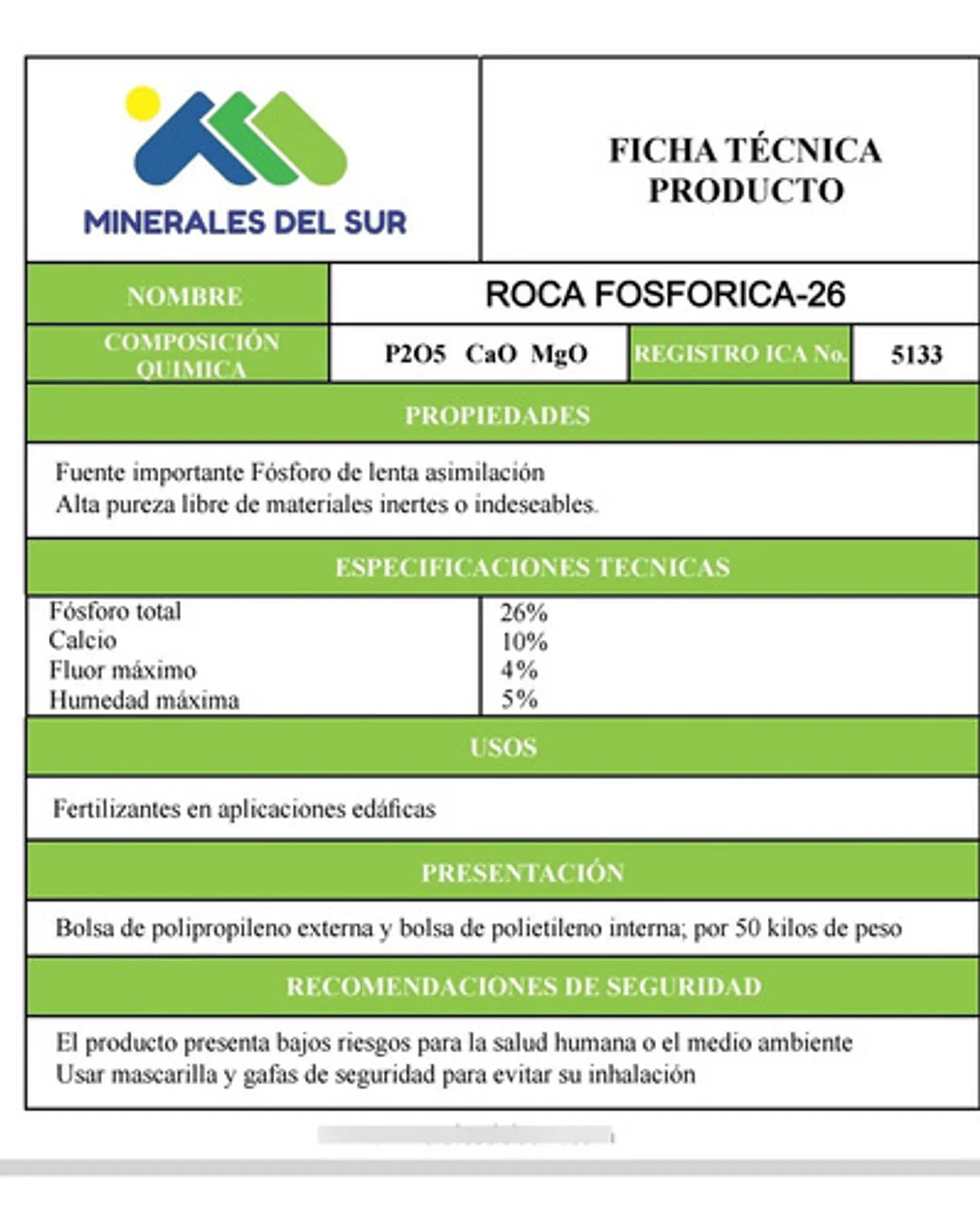 Roca Fosfórica 26% Minerales del Sur (Enmienda Suelos) - 50 Kg | Agrosamario 7