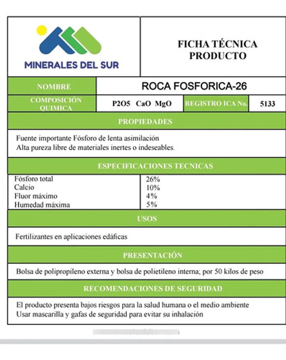Roca Fosfórica 26% Minerales del Sur (Enmienda Suelos) - 50 Kg | Agrosamario 7