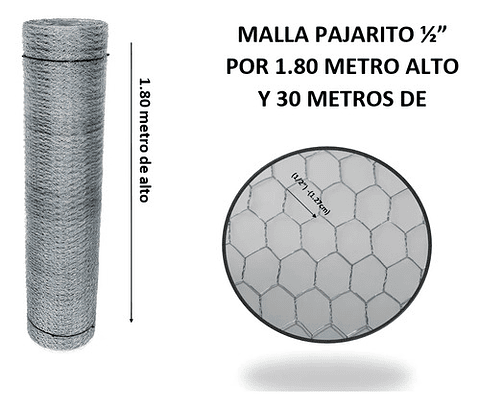 Malla Pajarito Galvanizada 1.80x1/2 Pul1.27cm X30 Mts Largo