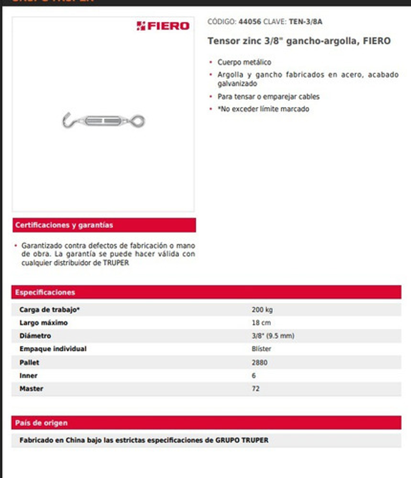Tensor Zinc 3/8  Gancho-argolla, Fiero 5