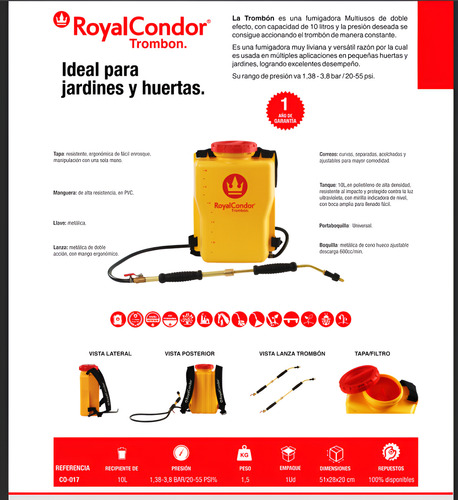 Fumigadora Manual Royalcondor® Trombón Galón 10 Litros 6