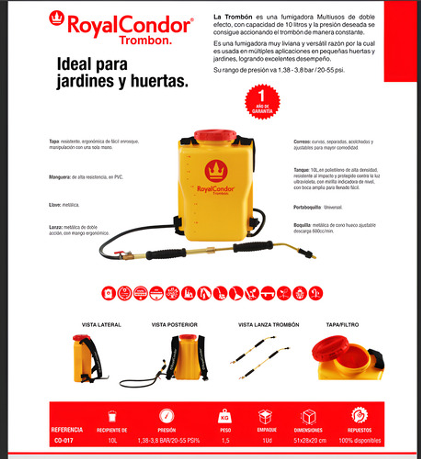 Fumigadora Manual Royalcondor® Trombón Galón 10 Litros 6