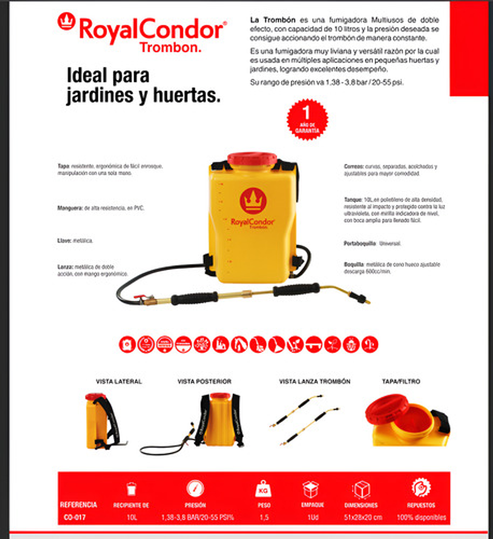 Fumigadora Manual Royalcondor® Trombón Galón 10 Litros 6