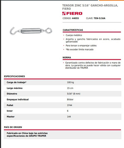 Tensor Zinc 5/16  Gancho-argolla, Fiero 3