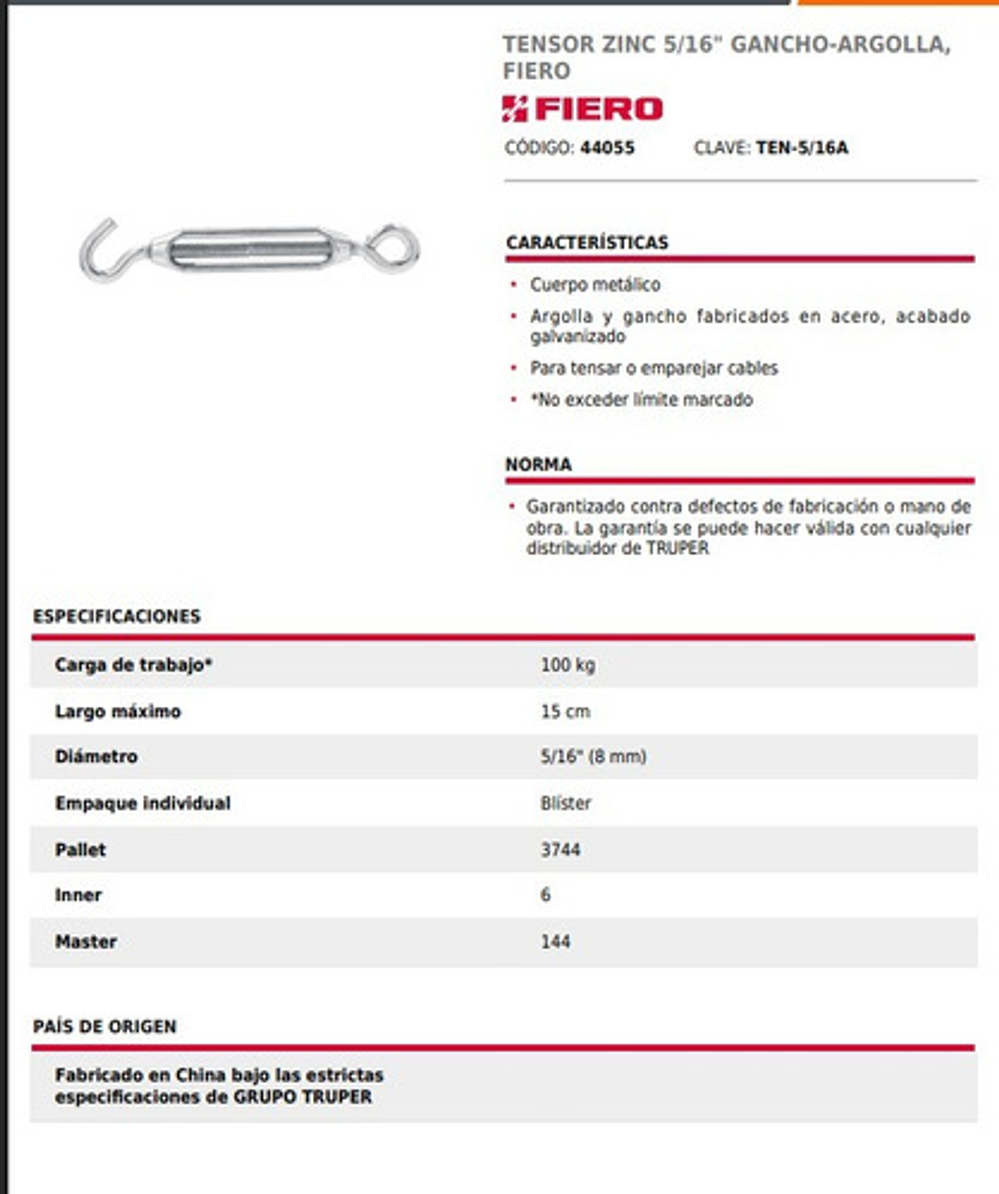 Tensor Zinc 5/16  Gancho-argolla, Fiero 3