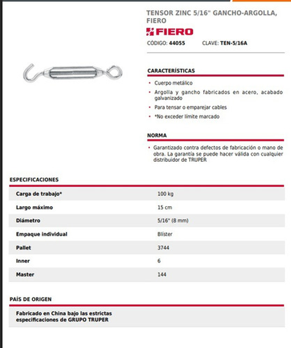 Tensor Zinc 5/16  Gancho-argolla, Fiero 3