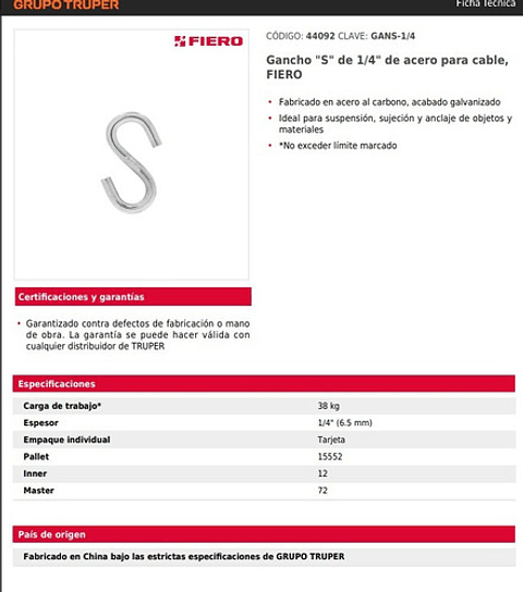 Gancho En Forma De S De 1/4 O 6,5mm Fabricado En Acero 38kg