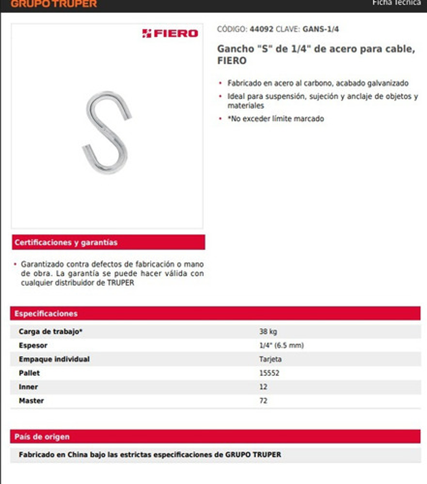 Gancho En Forma De S De 1/4 O 6,5mm Fabricado En Acero 38kg 2