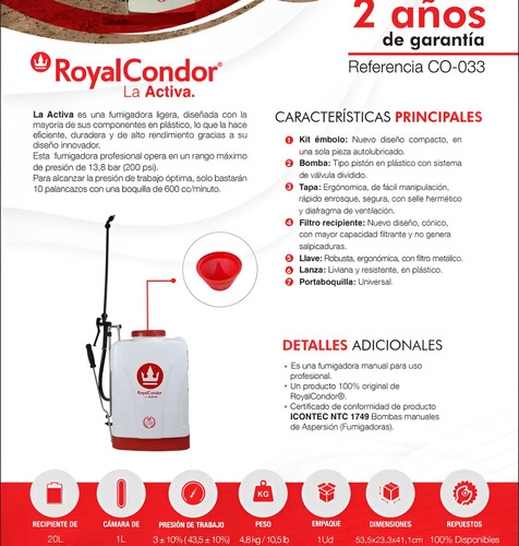 Fumigadora Manual 20 Litros Royal Condor La Activa | Blanca l Agrosamario  2