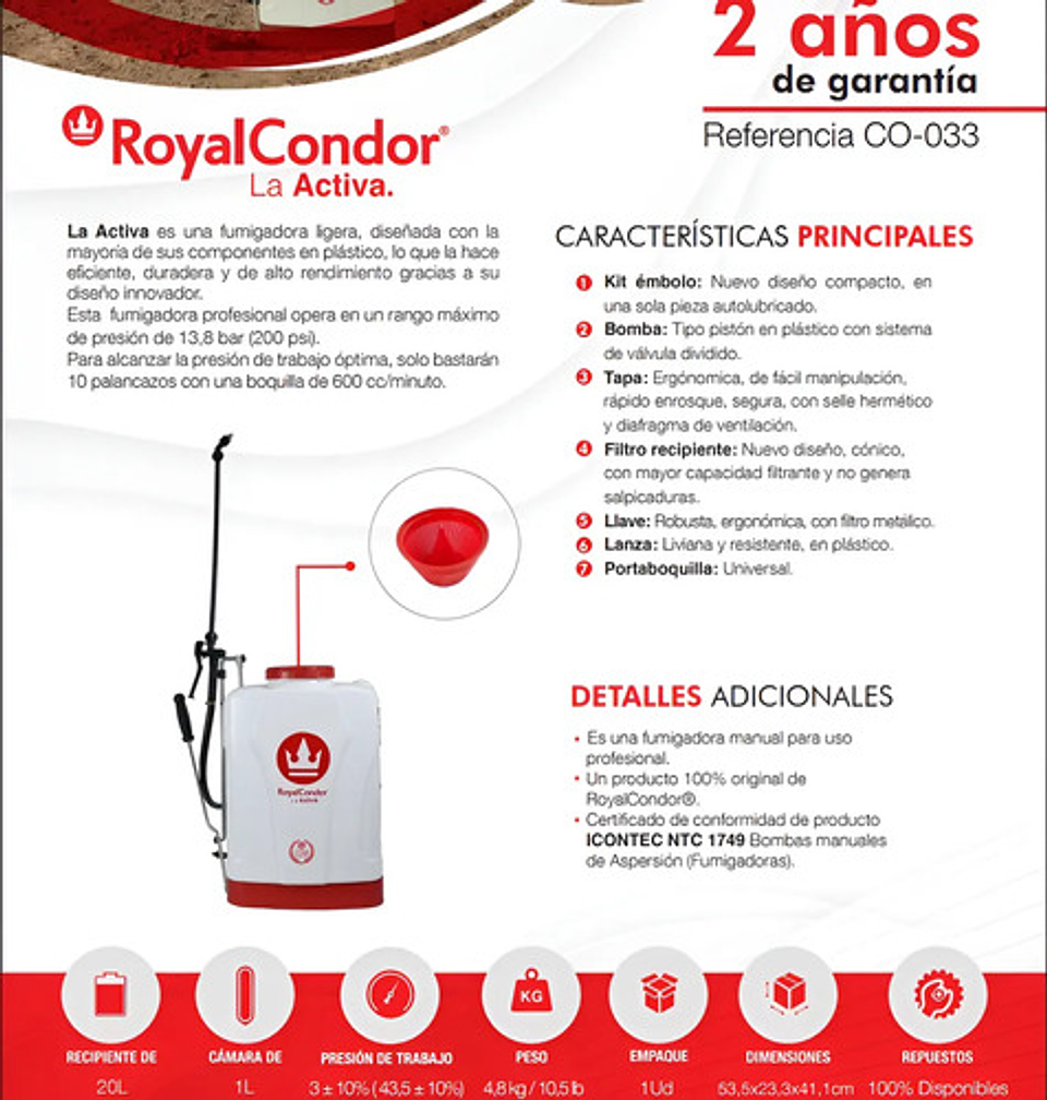 Fumigadora Manual 20 Litros Royal Condor La Activa Color Blanco 6