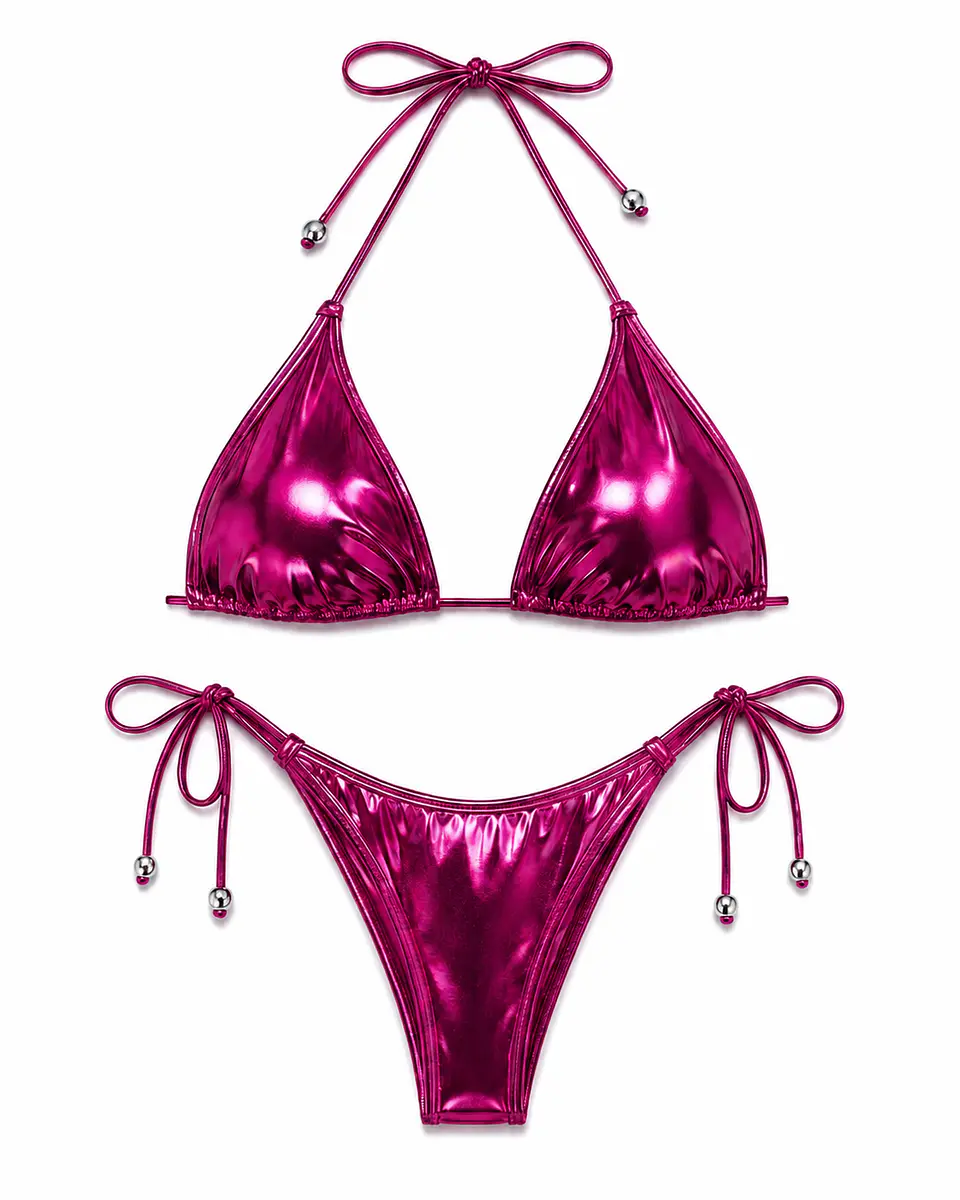 Bikini Triángulo Metalizado Magenta Ajustable 2
