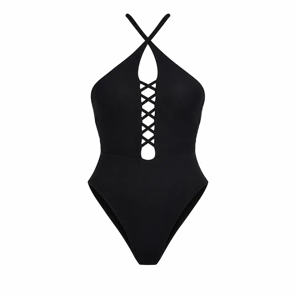 Traje de Baño Entero Negro Halter con Escote Trenzado 3