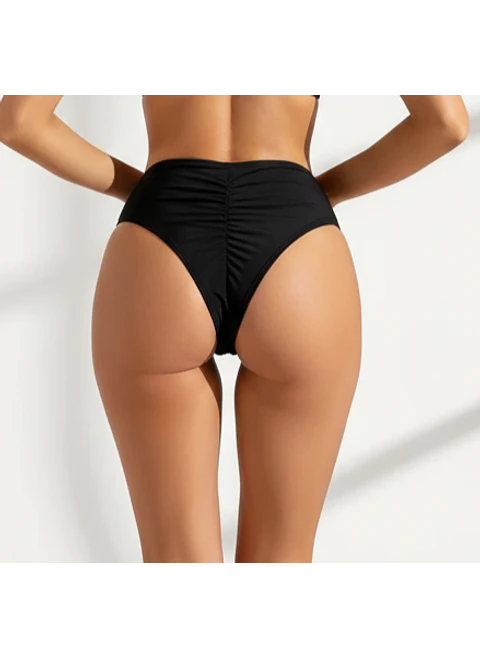 Calzón Bikini Mónaco Negro Tiro Alto con Fruncido Posterior