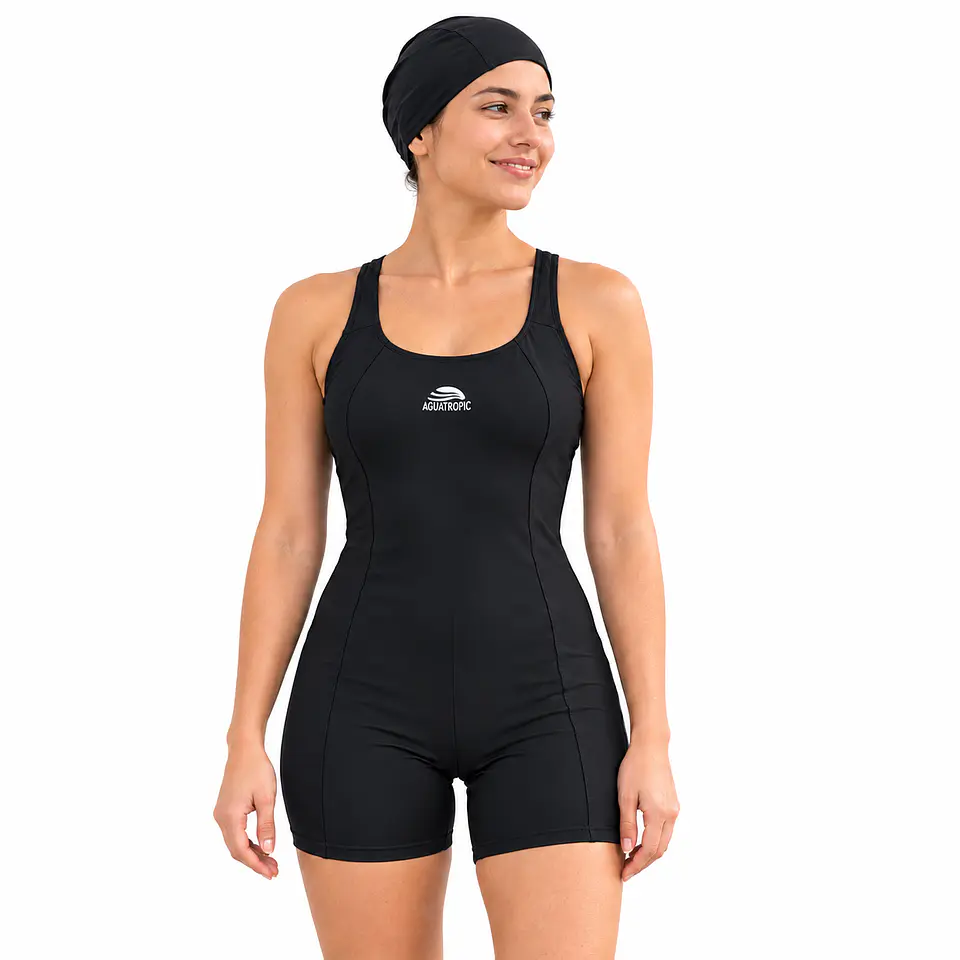 Traje de Baño Entero Mujer Deportivo Negro de Pierna Corta  2
