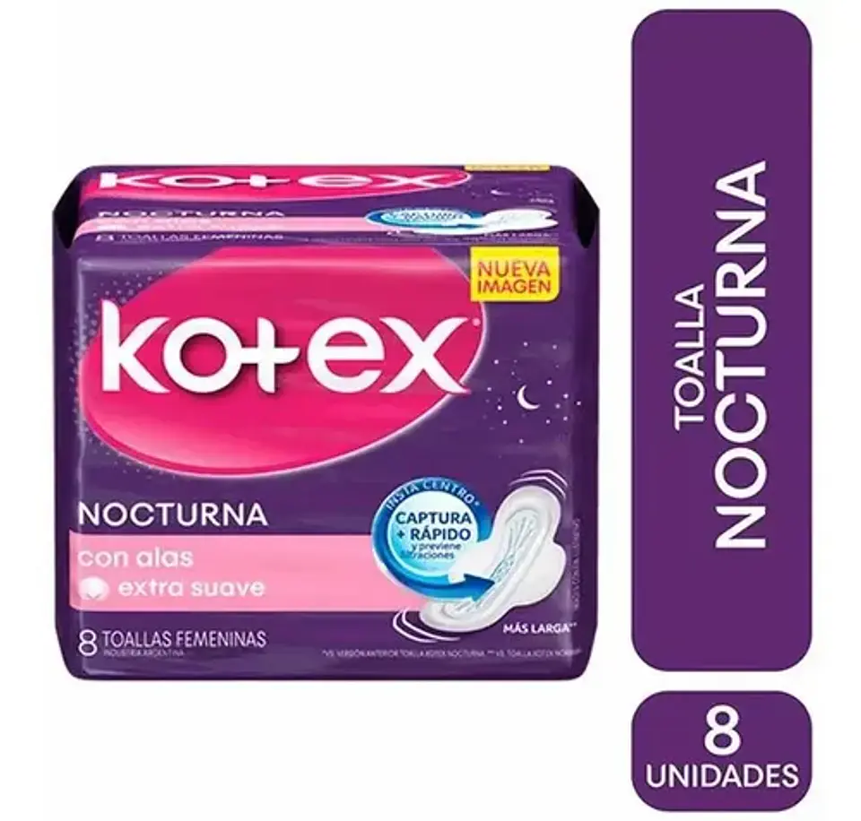 Toallas Femeninas Extra Largas con Alas Nocturnas Kotex 8 Unidades  1