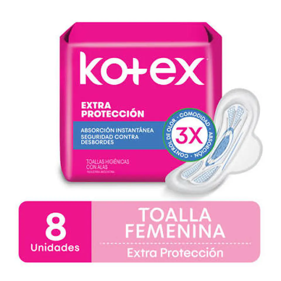 Toallas Higiénicas con Alas Kotex Extra Protección 8 U 1