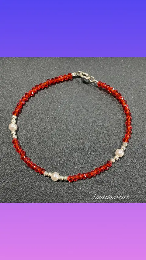 Pulsera Mostacillas Rojas y Perlas Blancas Plata 925
