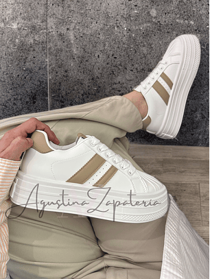 ZAPATILLA PLATAFORMA BLANCA LINEAS KHAKI