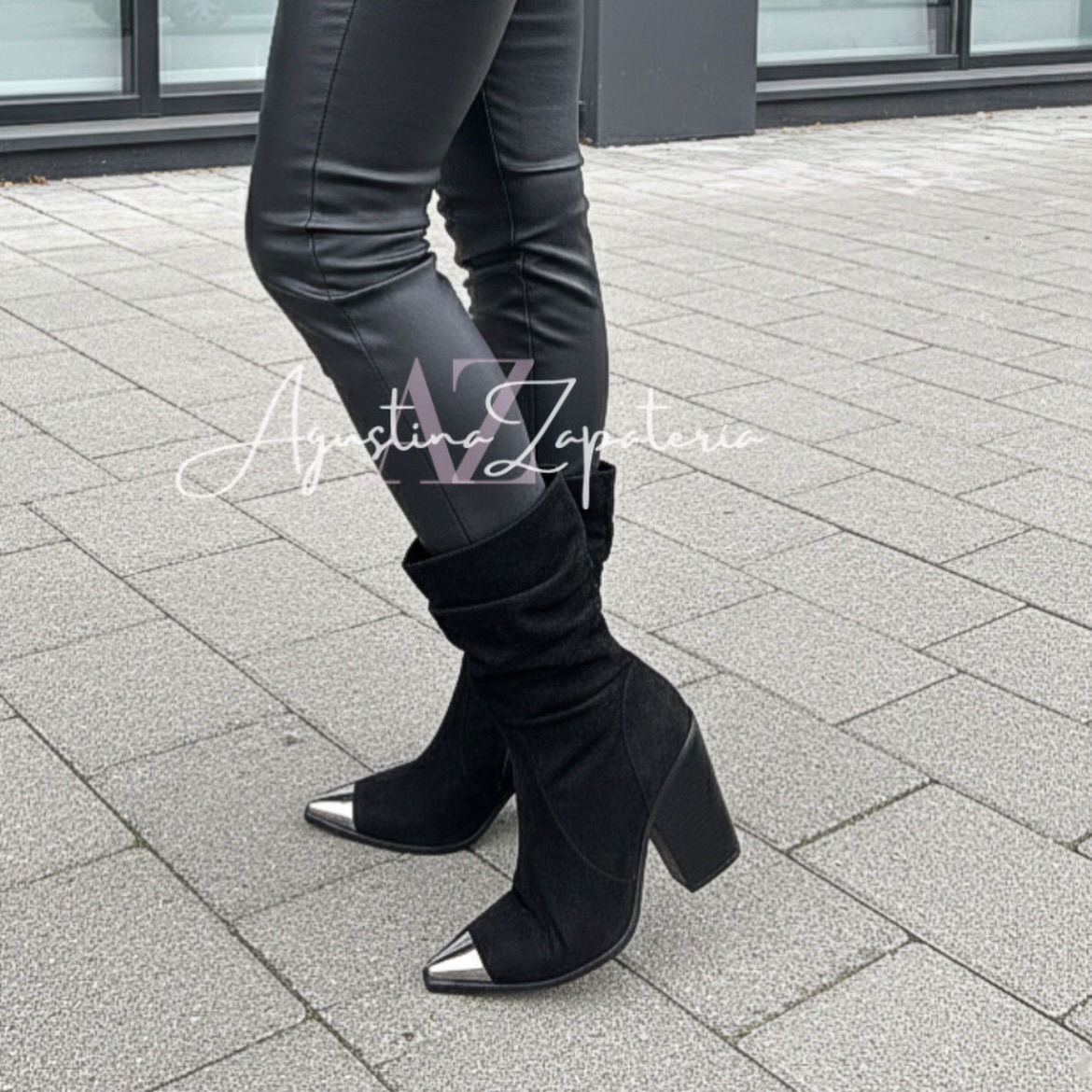 BOTIN VAQUERO NEGRO GAMUZA PUNTA PLATEADA 2