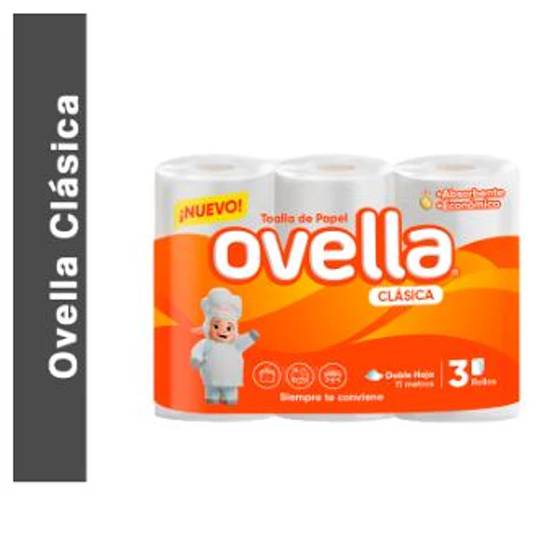 TOALLA DE PAPEL OVELLA CLÁSICA 3 ROLLOS.