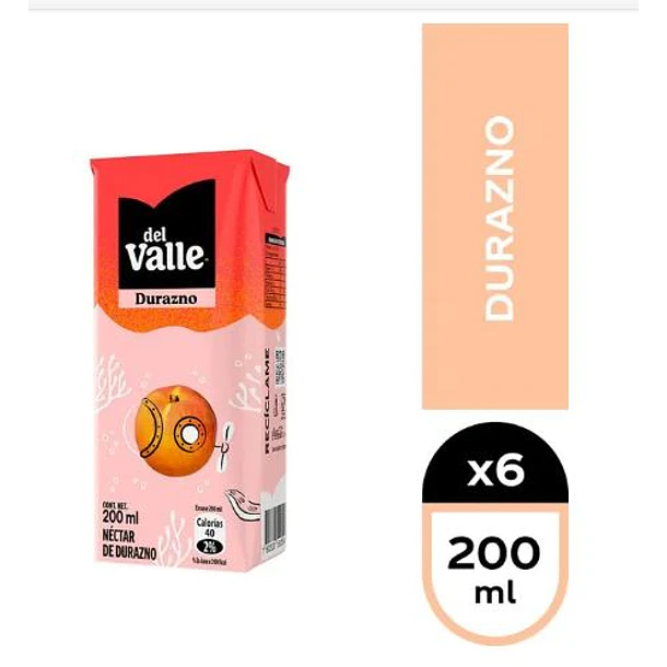 PACK 6 CAJITAS DE JUGO ANDINA DEL VALLE DURAZNO 200 ML.