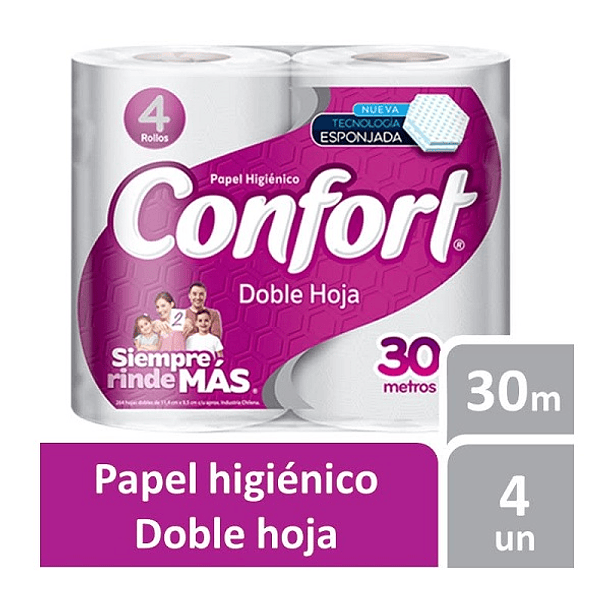 PAPEL HIGIENICO CONFORT 30 MT PAQUETE 4 ROLLOS 