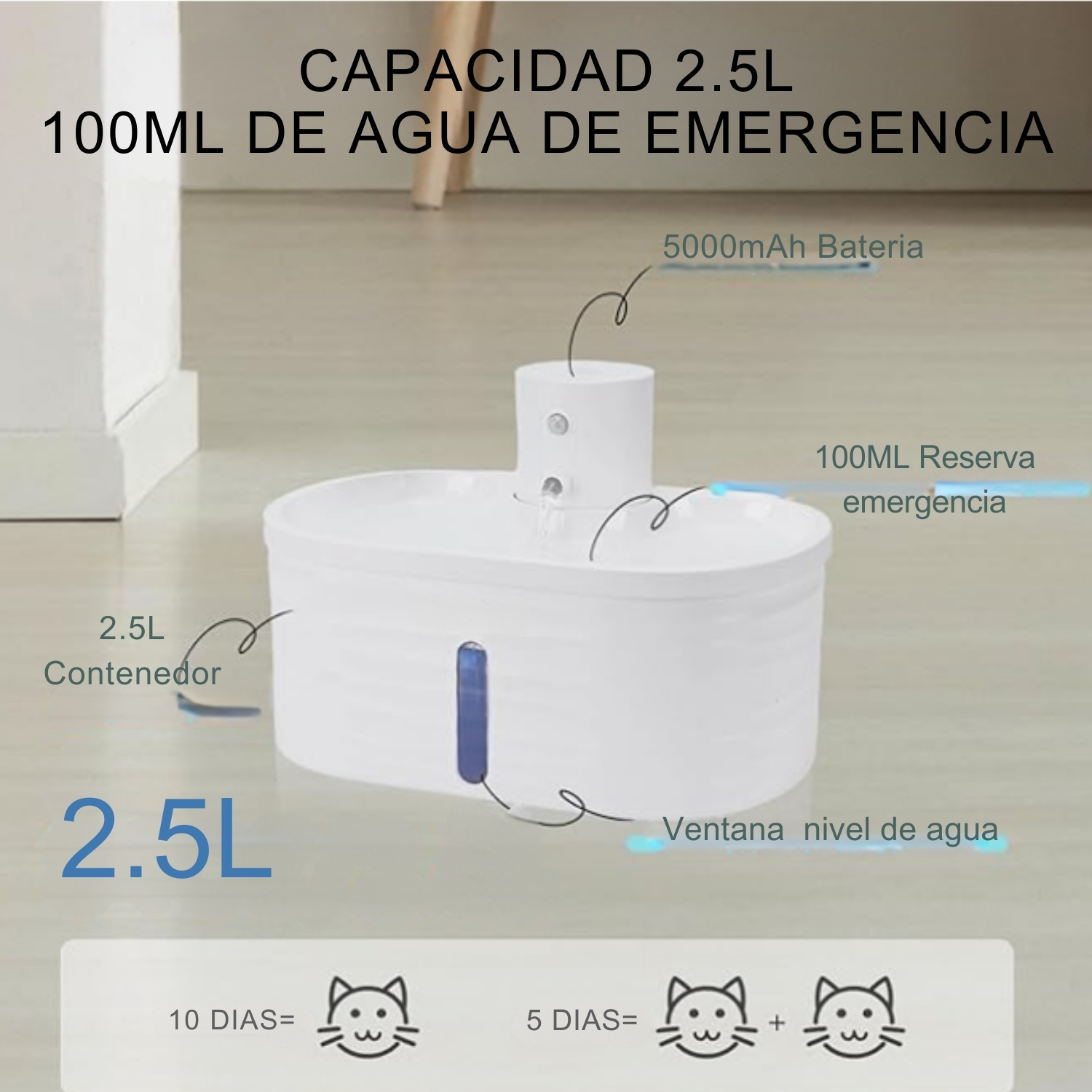 Bebedero Inalámbrico Sensor Movimiento Gatos 2,5 L + 3 Filtros 6