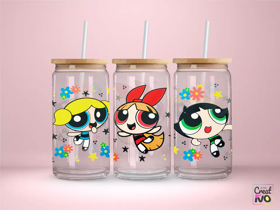 Vaso Lata Con Tapa De Bamboo Y Bombilla - Chicas Superpoderosas 1