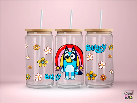 Vaso Lata Con Tapa De Bamboo Y Bombilla - Bluey arcoiris