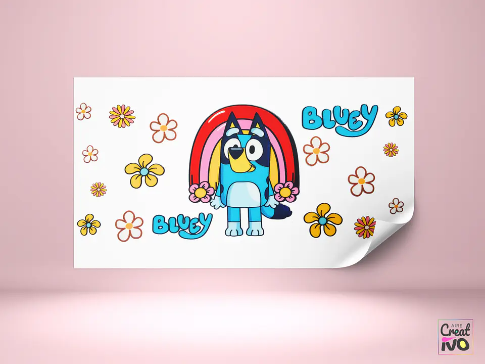 Vaso Lata Con Tapa De Bamboo Y Bombilla - Bluey arcoiris 2