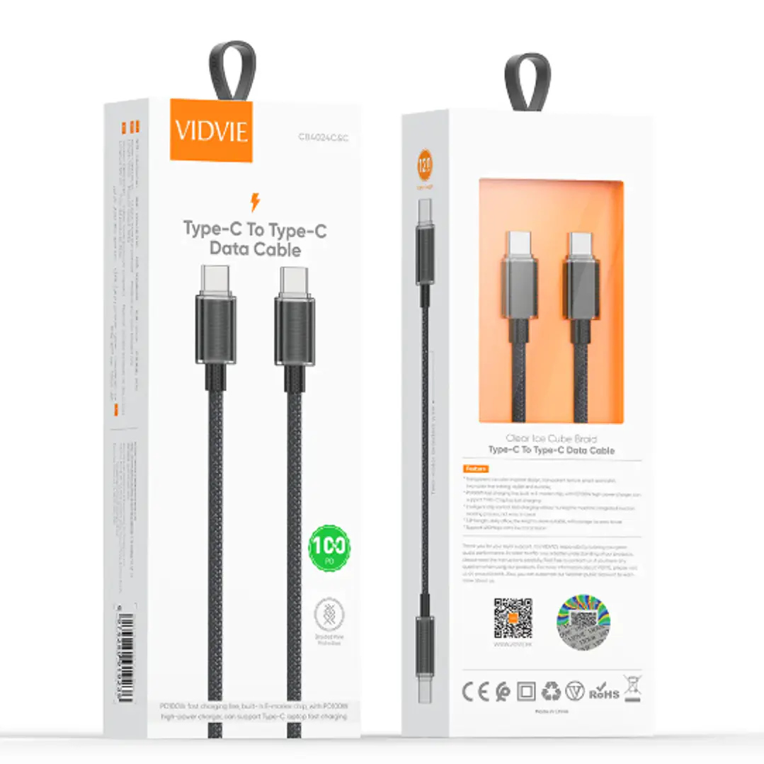 Cable tipo C a C de carga rápida (antinudos - trenzado - negro) - VIDVIE 3