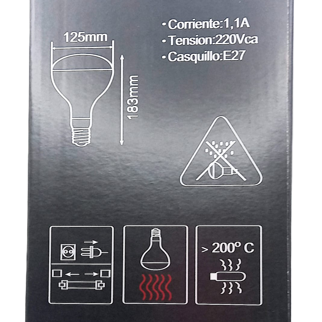 Ampolleta infrarroja 250W E27. Ideal para fisioterapia, alivio muscular, crianza de animales, calefacción, etc. 3