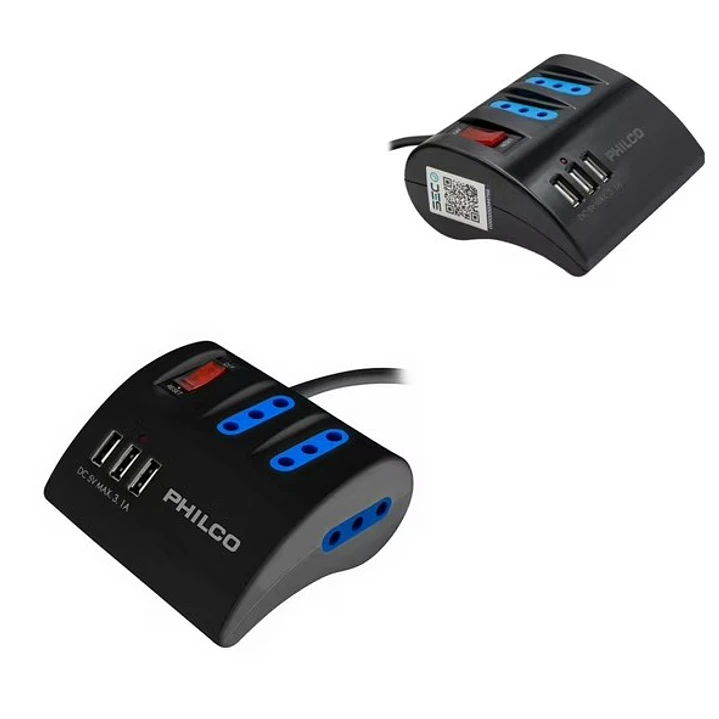Extensión de Escritorio PHILCO 2043N – 3 Tomas AC + USB 3.1A para Carga Inteligente 3
