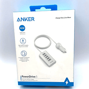 Cargador USB para Auto ANKER PowerDrive 5 – 5 Puertos, 50W, Carga Inteligente PowerIQ