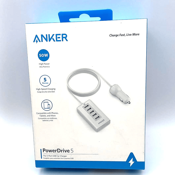 Cargador USB para Auto ANKER PowerDrive 5 – 5 Puertos, 50W, Carga Inteligente PowerIQ 2