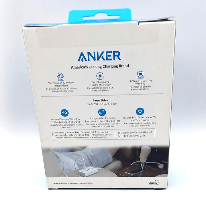 Cargador USB para Auto ANKER PowerDrive 5 – 5 Puertos, 50W, Carga Inteligente PowerIQ 4