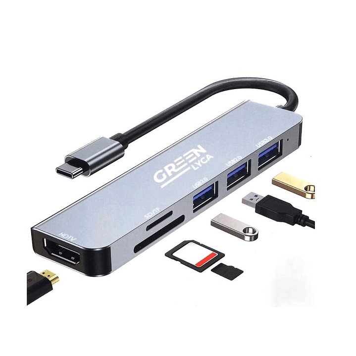 Hub USB-C GREEN LYCA G-1298 – 6 en 1 con HDMI 4K, USB 3.0, SD/TF y Carga PD 1