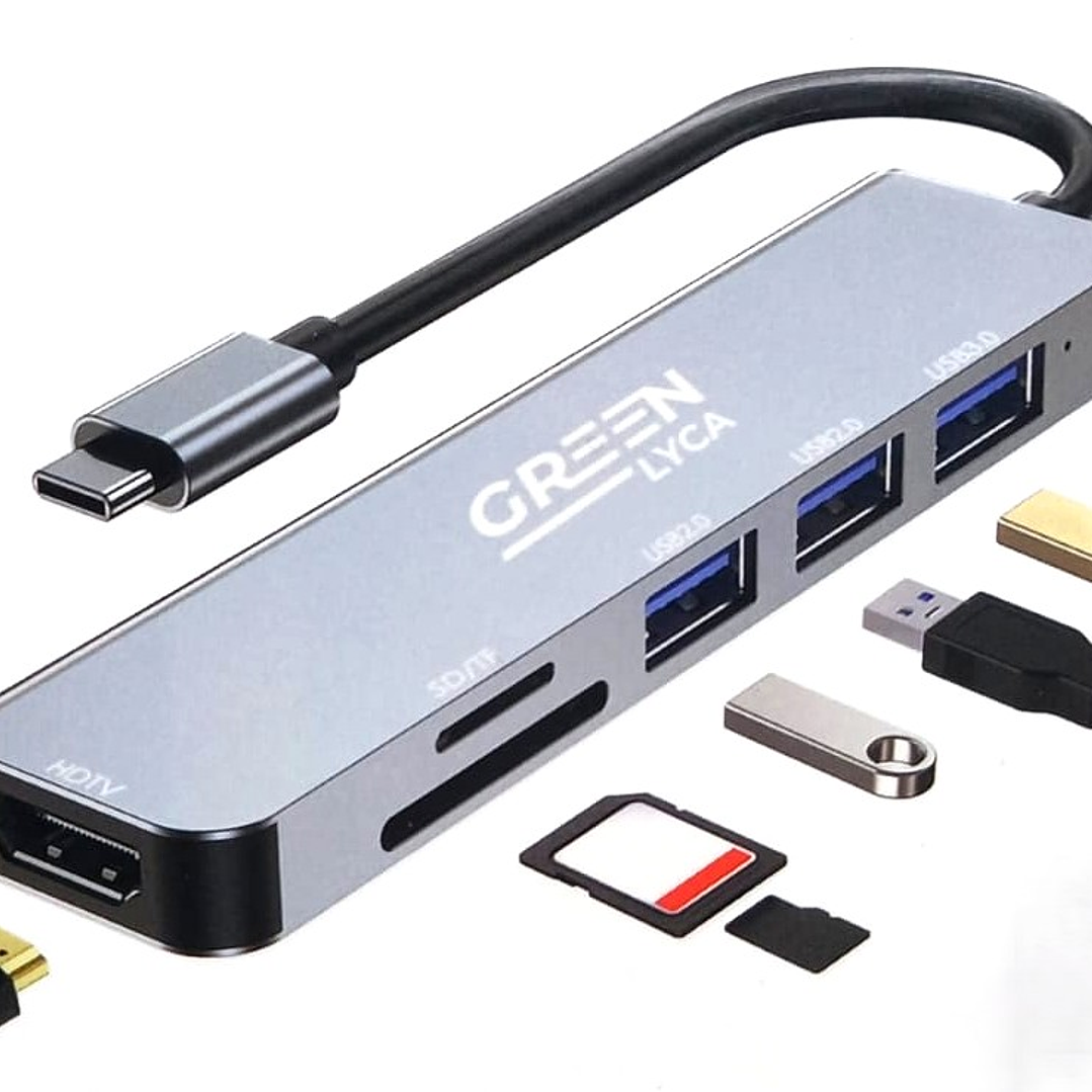 Hub USB-C GREEN LYCA G-1298 – 6 en 1 con HDMI 4K, USB 3.0, SD/TF y Carga PD 2