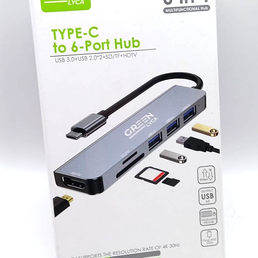Hub USB-C GREEN LYCA G-1298 – 6 en 1 con HDMI 4K, USB 3.0, SD/TF y Carga PD 3