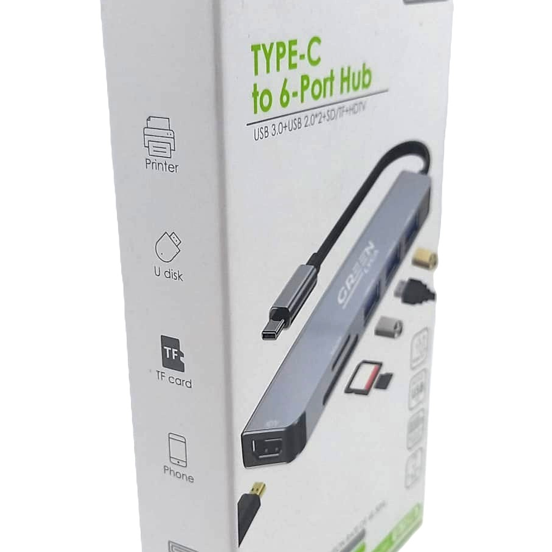 Hub USB-C GREEN LYCA G-1298 – 6 en 1 con HDMI 4K, USB 3.0, SD/TF y Carga PD 4