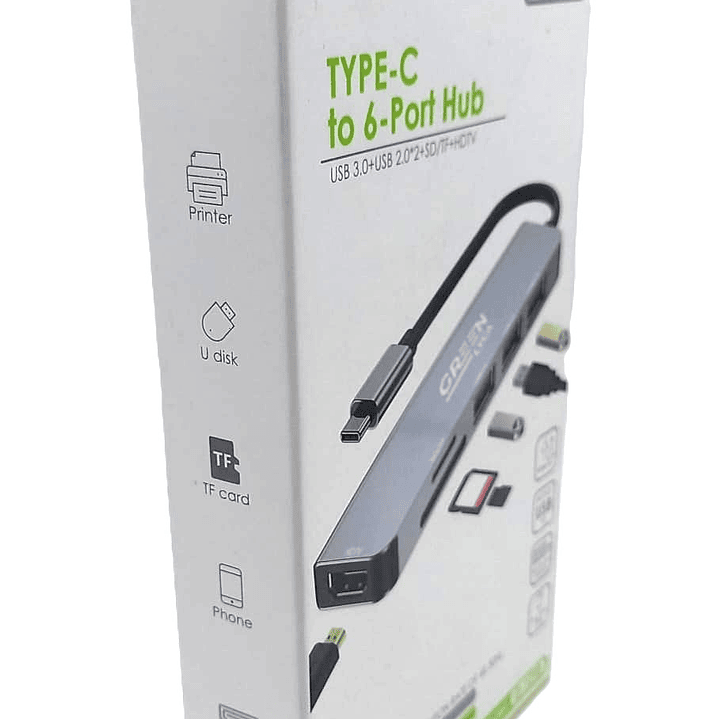 Hub USB-C GREEN LYCA G-1298 – 6 en 1 con HDMI 4K, USB 3.0, SD/TF y Carga PD 4