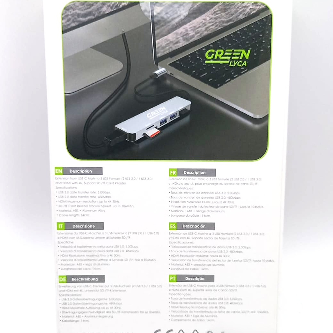Hub USB-C GREEN LYCA G-1298 – 6 en 1 con HDMI 4K, USB 3.0, SD/TF y Carga PD 5