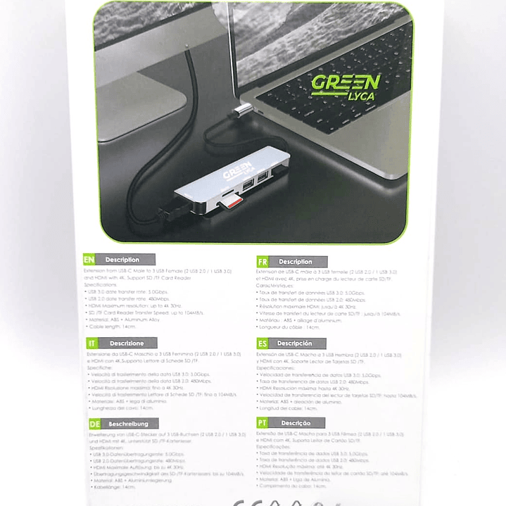 Hub USB-C GREEN LYCA G-1298 – 6 en 1 con HDMI 4K, USB 3.0, SD/TF y Carga PD 5