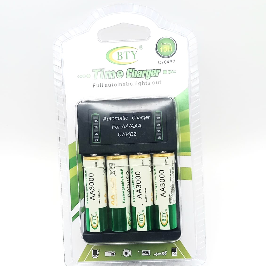 Cargador BTY C704B2 + 4 Pilas AA 3000mAh – Recarga Automática para AA/AAA con Ciclo de 10 Horas 1