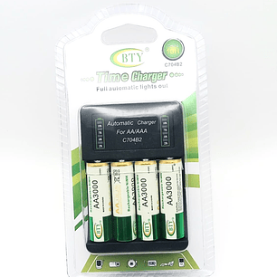 Cargador BTY C704B2 + 4 Pilas AA 3000mAh – Recarga Automática para AA/AAA con Ciclo de 10 Horas