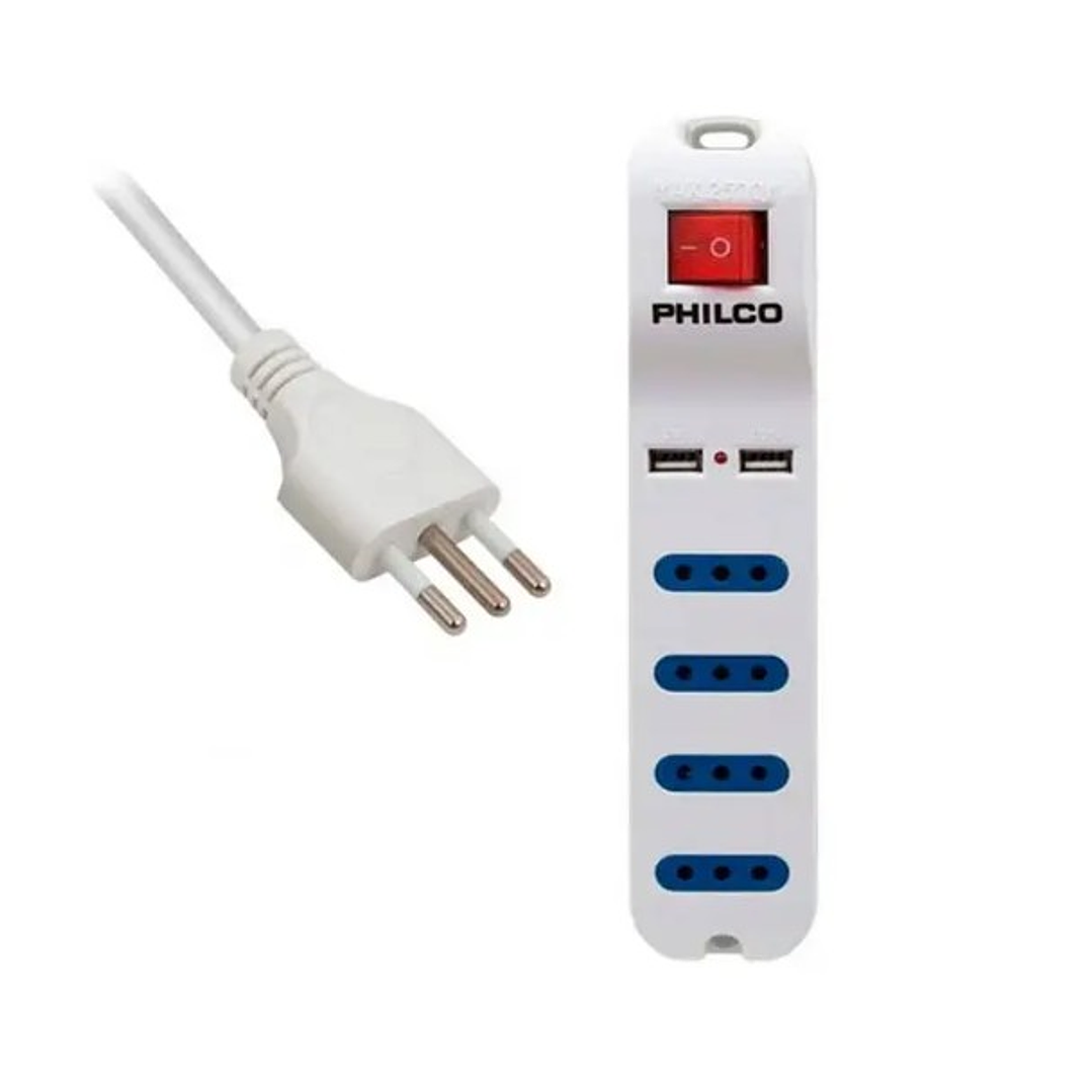 Alargador con puerto USB - 1.5 M - PHILCO XT41 – 4 Enchufes + 2 Puertos USB | Interruptor de Encendido | 2500W 1