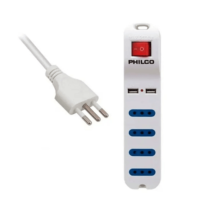 Alargador con puerto USB - 1.5 M - PHILCO XT41 – 4 Enchufes + 2 Puertos USB | Interruptor de Encendido | 2500W 1