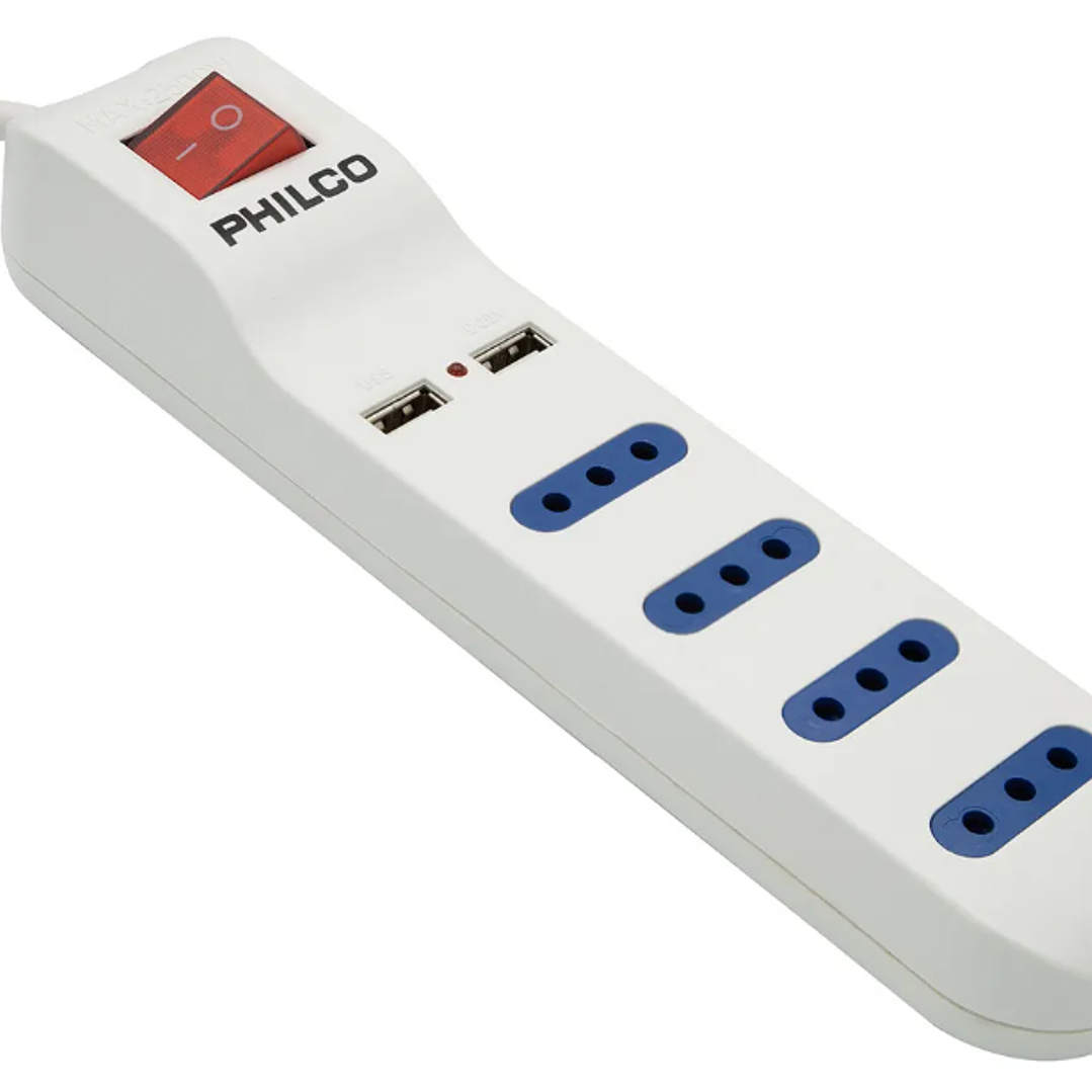 Alargador con puerto USB - 1.5 M - PHILCO XT41 – 4 Enchufes + 2 Puertos USB | Interruptor de Encendido | 2500W 2