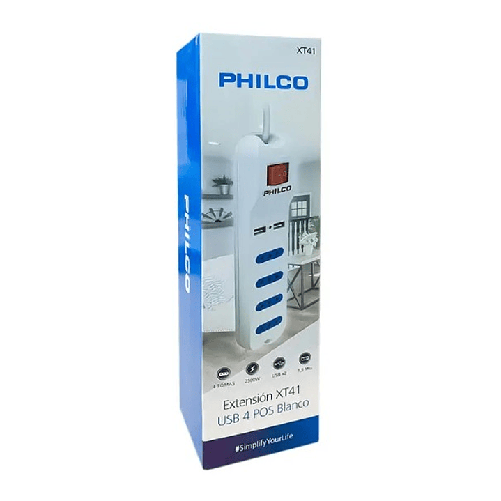 Alargador con puerto USB - 1.5 M - PHILCO XT41 – 4 Enchufes + 2 Puertos USB | Interruptor de Encendido | 2500W 3